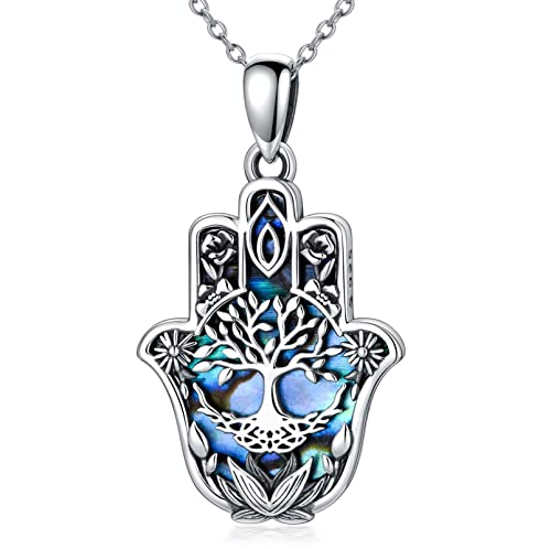 PROESS Baum des Lebens Halskette Sterling Silber Abalone Muschel Lotus Blume Halskette Anhänger Hamsa Hand von Fatima Schmuck Geschenke für Frauen Mädchen von PROESS