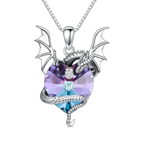 PROESS Drachen Kette 925 Sterling Silber Drachen Kristall Anhänger Drachen Halskette Herz Tier Drachen Schmuck Geschenke für Damen von PROESS