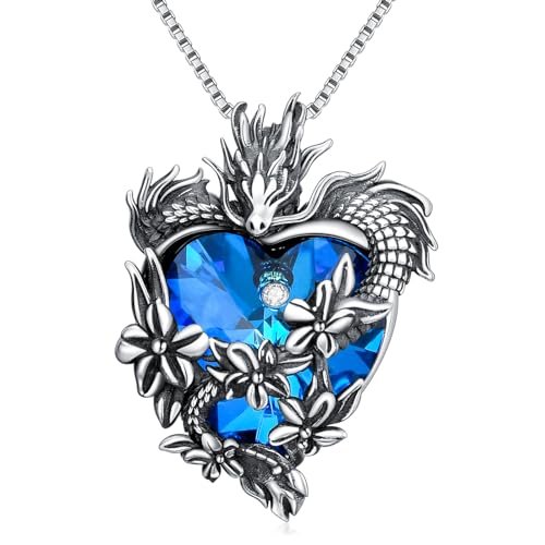 PROESS Drachen Kette Drachen Halskette aus Sterlingsilber Herz Kristall Drachen Anhänger Halskette Schmuck Geschenke Drachen Halskette für Damen und Herren von PROESS