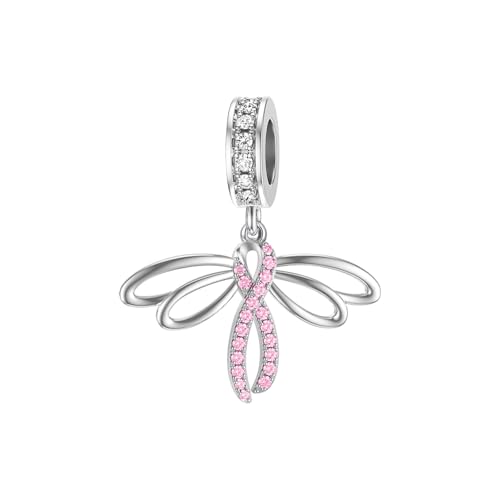 PROESS Dragonfly Pink Ribbon Charm for Bracelet 925 Sterling Silver Breast Cancer Awareness Charm Dragonfly Jewelry Breast Cancer Survivor Gifts for Women von PROESS