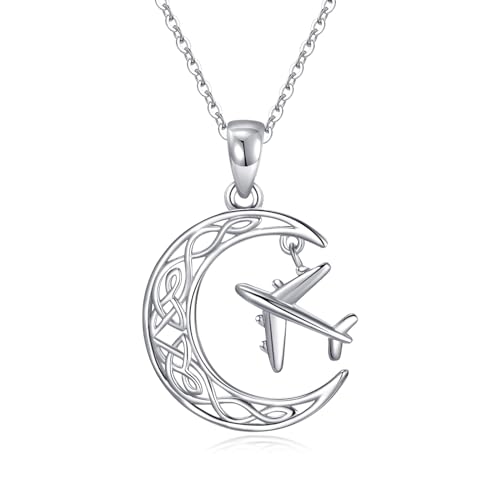 PROESS Flugzeug Plane Halskette 925 Sterling Silber keltischer Knoten Mond Anhänger Kette Plane Schmuck Geschenke für Damen Herren Stewardessen Flugbegleiter Piloten von PROESS