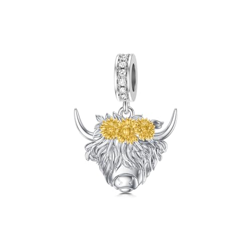 PROESS Highland Cow Charms für Armbänder Halskette 925 Sterling Silber Highland Cow Sonnenblumenperle Highland Cow Halskette Armband Kuh Schmuck Geschenk von PROESS