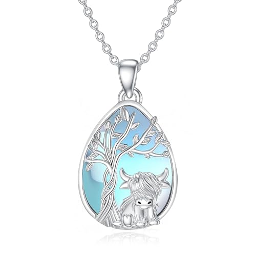 PROESS Highland Cow Kette 925 Sterling Silber Mondstein Halskette Lebensbaum Anhänger Hochlandrind Schmuck Geschenke für Damen Frauen von PROESS