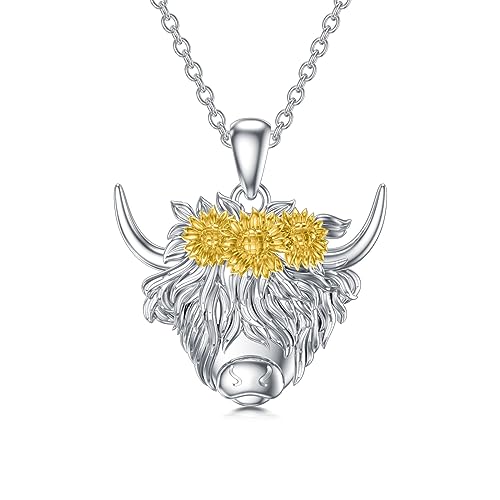 PROESS Highland Cow Kette Schottischer Highland Cow Schmuck mit Sonnenblumen Kuh Halskette Cowhead Flauschiger Highland Kuh Anhänger Geschenke für Frauen und Mädchen Kuhliebhaber von PROESS