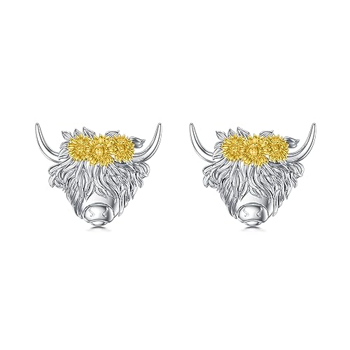 PROESS Highland Cow Ohrringe Schottische Sonnenblumen Ohrringe Highland Kuh Schmuck Cowhead Flauschige Highland Cow Ohrstecker Sonnenblume Schmuck Kuh Geschenke für Frauen Mädchen von PROESS