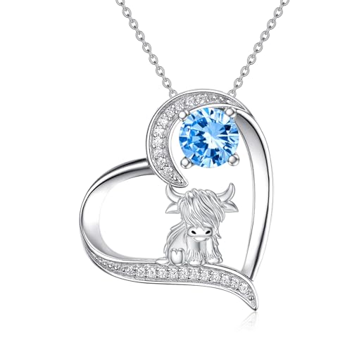 PROESS Hochland Kuh Halskette 925 Sterling Silber Hochland Kuh Schmuck Dezember Geburtsstein Halskette Blauer Topas Hochland Kuh Anhänger Geschenke für Frauen von PROESS