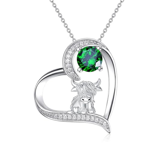PROESS Hochland Kuh Halskette 925 Sterling Silber Mai Geburtsstein Schmuck Smaragd Grün Cubic Zirkonia Anhänger Geschenke für Frauen von PROESS