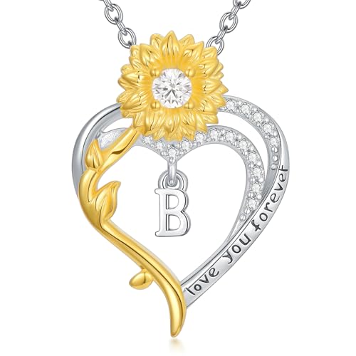 PROESS Initialen Kette 925 Sterling Silber Sonnenblumen Herz B Buchstaben Halskette Anhänger Alphabet Geburtstags Schmuck Geschenke für Mädchen Frauen Mutter Sie von PROESS