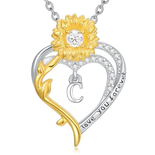 PROESS Initialen Kette 925 Sterling Silber Sonnenblumen Herz C Buchstaben Halskette Anhänger Alphabet Geburtstags Schmuck Geschenke für Mädchen Frauen Mutter Sie von PROESS