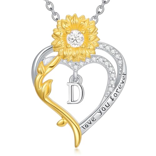 PROESS Initialen Kette 925 Sterling Silber Sonnenblumen Herz D Buchstaben Halskette Anhänger Alphabet Geburtstags Schmuck Geschenke für Mädchen Frauen Mutter Sie von PROESS