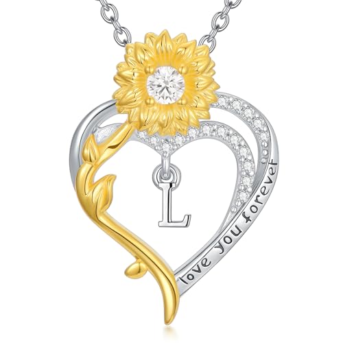 PROESS Initialen Kette 925 Sterling Silber Sonnenblumen Herz L Buchstaben Halskette Anhänger Alphabet Geburtstags Schmuck Geschenke für Mädchen Frauen Mutter Sie von PROESS