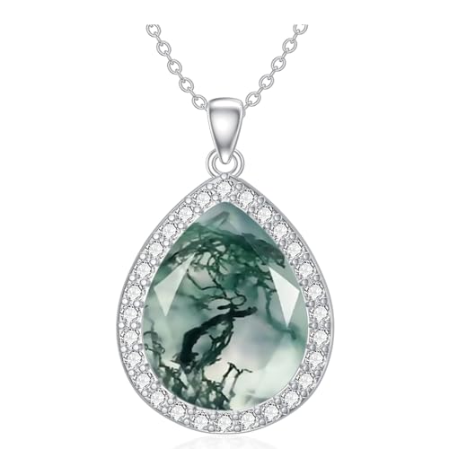PROESS Moosachat Halskette 925 Sterling Silber Tropfen Anhänger Moosachat Halskette Schmuck für Damen von PROESS