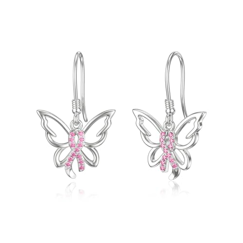 PROESS Schmetterlings Ohrringe aus Sterling Silber Ohrringe zur Aufklärung über Brustkrebs Rosa Schleife Geschenke für Brustkrebs Überlebende für Frauen von PROESS