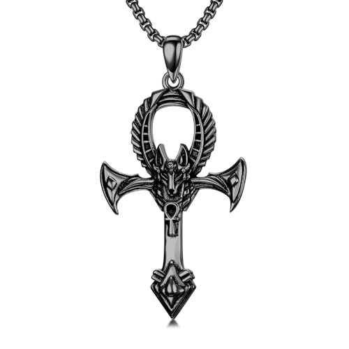 PROESS Schwarz Ankh Kette 925 Sterling Silber Anubis Kreuz Halskette Ankh Anhänger Halskette Ägyptisches Amulett Schmuck Christian Geschenke für Männer Frauen von PROESS