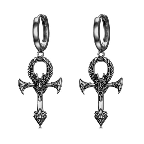 PROESS Schwarze Ankh Ohrringe für Männer 925 Sterling Silber Anubis Ohrhänger Ägyptischer Creolen Ägyptischer Schmuck Geschenk von PROESS