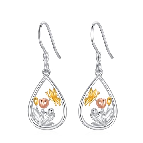 PROESS Tulpen Ohrringe 925 Sterling Silber Schmetterling Dangle Ohrringe Tulpen Schmuck Geschenke für Damen Frauen Mädchen Mama von PROESS