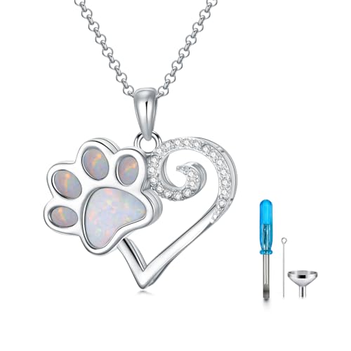 PROESS Urnen Halskette für die Asche von Haustieren Sterling Silber Opal Hunde Katzenpfotenabdruck Einäscherungs Schmuck Andenken Gedenkschmuck Geschenke für Frauen von PROESS