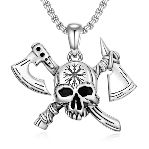 PROESS Wikinger Axt Totenkopf Kette S925 Sterling Silber Kompass Vegvisir Anhänger Gothic Halskette Nordischer Wikingerschmuck Geschenke für Männer Frauen von PROESS