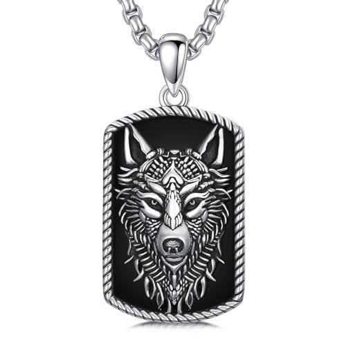 PROESS Wikinger Wolf Kette 925 Sterling Silber Wolf Halskette Schwarzer Onyx Wolfs Anhänger Tierwolf Schmuck für Männer und Frauen von PROESS
