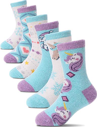 PROETRADE Kinder Mädchen Jungen Socken Warme Wolle Wandersocken Sportsocken Wollsocken Dicke Thermosocken Wintersocken Weihnachtssocken Geschenke Kindersocken 6 Paare(Blaues Einhorn,4-7 Years) von PROETRADE