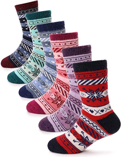 PROETRADE Kinder Mädchen Jungen Socken Warme Wolle Wandersocken Sportsocken Wollsocken Dicke Thermosocken Wintersocken Weihnachtssocken Geschenke Kindersocken 6 Paare(Schneeflocke,4-7 Years) von PROETRADE