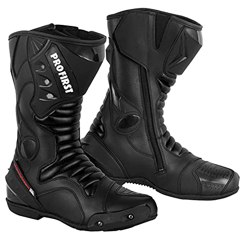 PROFIRST Motorradstiefel für Damen und Herren, bequeme Passform, Reitstiefel mit Reißverschluss, rutschfeste Sohle, verstärkte Straßenrennschuhe, Schwarz, 43 EU von PROFIRST