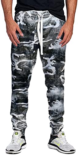 PROGO USA Herren Casual Jogger Sweatpants Basic Fleece Meliert Jogger Hose Elastische Taille, B&W Camo, Groß von PROGO USA