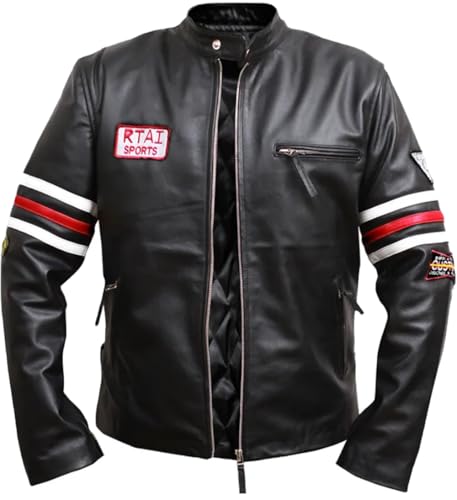 PROMENADE CHIC DR House Sports Lederjacke mit Riemen und Patches, Schwarz - Echtleder, L von PROMENADE CHIC