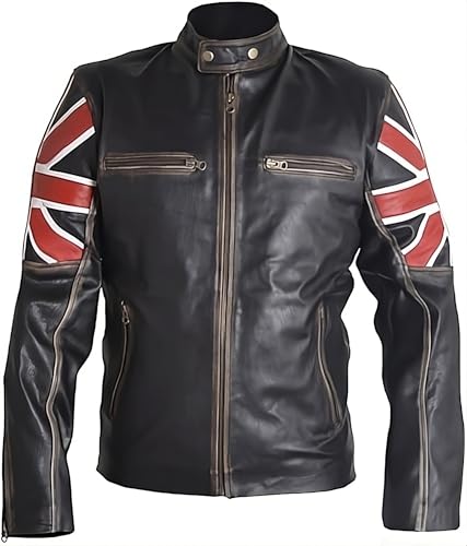 PROMENADE CHIC Union Jack Vintage Cafe Racer UK Flag Lederjacke, Schwarz - Echtleder, XL von PROMENADE CHIC
