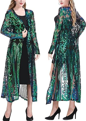 PROMLINK Pailletten Cardigans Duster Sparkly Blazer Jacken Lang für Frauen Abend, Grün , 5X-Large von PROMLINK