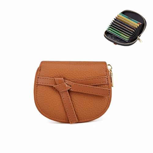 PROMOTEUP Kreditkartenetui für Damen aus Leder mit RFID-Blockierung, 18 Kartenfächer, Reißverschluss, Braun von RisePlus