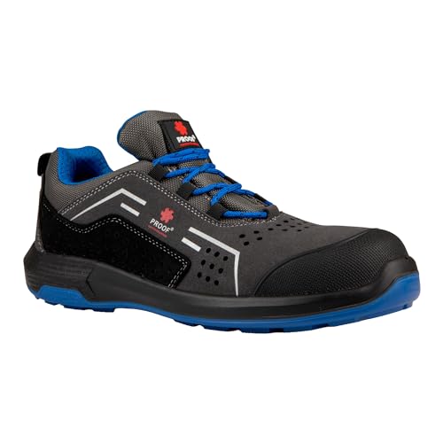 PROOF COMFORT & SAFETY Sicherheitsschuhe Arbeitsschuhe Glasfaserkappe KAPS7 AIR S1PS Schuhe Mikrofaser Stichsicher Kevlar Einlegesohle Atmungsaktiv Schwarz Blau 45 von PROOF comfort&safety