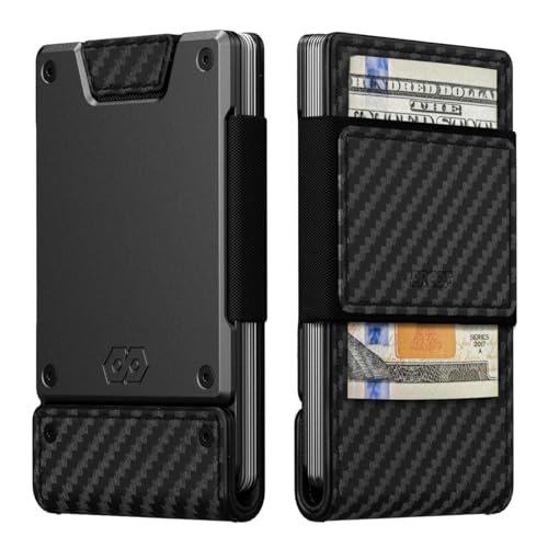 PROOF Geldbörse | Schlanke minimalistische Geldbörse für Herren | Leder & Metall | RFID-Geldbörse | Vorder-/Gesäßtasche | Geschenkbox | Veteranenbesitz, Oracle (Karbonfaser-Leder, dunkles Gun-Metall von PROOF