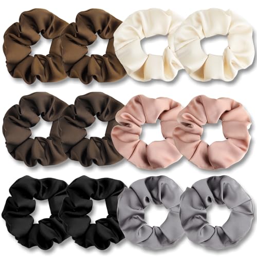 PROPOG Scrunchies Haargummi, 12 Stück Silk Haargummi Scrunchie Braun Scrunchies Seide GroB Satin Haargummis Zopfgummis Damen Hair Ties Set für Dickes Dünn Haar Pferdeschwanz Haarschmuck von PROPOG