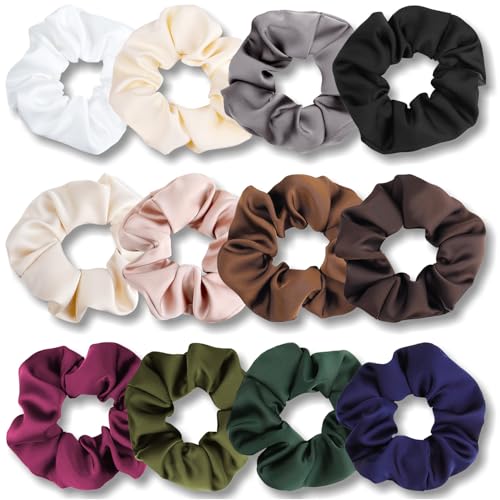 PROPOG Scrunchies Haargummi, 12 Stück Silk Haargummi Scrunchie Braun Scrunchies Seide GroB Satin Haargummis Zopfgummis Damen Hair Ties Set für Dickes Dünn Haar Pferdeschwanz Haarschmuck von PROPOG