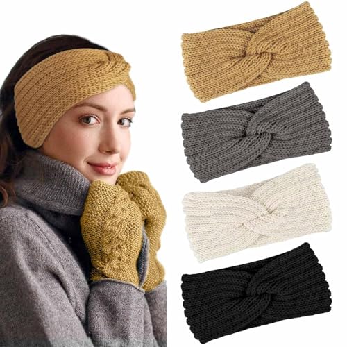 PROPOG Stirnband Damen Winter, 4 Stück Strick Ohrenwärmer Damen Verdicken Stirnbänder Mädchen Sehr Warm Elastische Gestrickte Haarband Headwrap Kopfband Warme Wintergeschenke von PROPOG