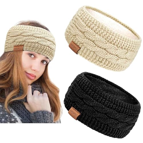 PROPOG Stirnband Damen Winter, 2 Stück Strick Ohrenwärmer Damen Verdicken Haarband Gefüttert stirnbänder Fleece Kopfband Warmes Headband Weihnachtshaarreif Accessories für Laufen Workout Skifahren von PROPOG