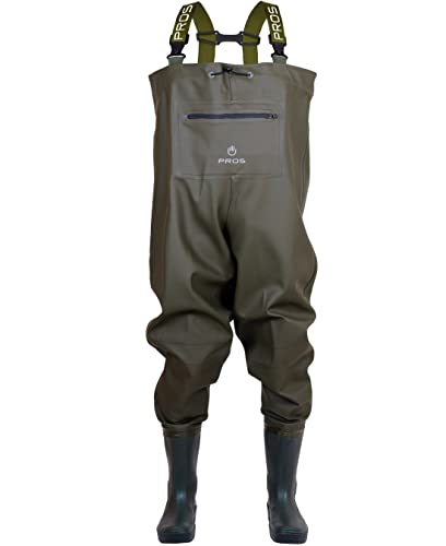 PROS Wathose mit verstärkten Knien wasserdichte Anglerhose Fischerhose Dunkles Oliv 44 EU von PROS