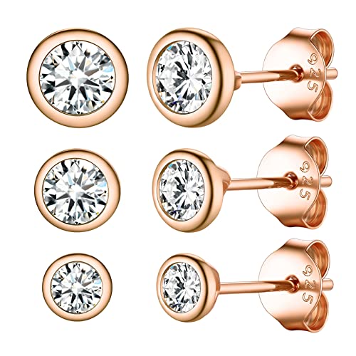 PROSILVER 3er klein Solitär Zirkonia Ohrstecker Set für Damen Mädchen 925 Silber Rosegold vergoldet Zargenfassung Ohr Piercing 3mm/4mm/5mm Ear Studs Unisex Schmuck Accessoire von PROSILVER