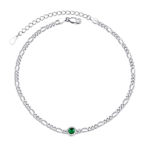 PROSILVER 925 Silber 3mm dünne Fußkette mit Geburtsstein Mai für Damen 22+5cm Figarokette Fußkettchen Sommer Knöchel Armband Schmuck Accessoire für Geburtstag von PROSILVER