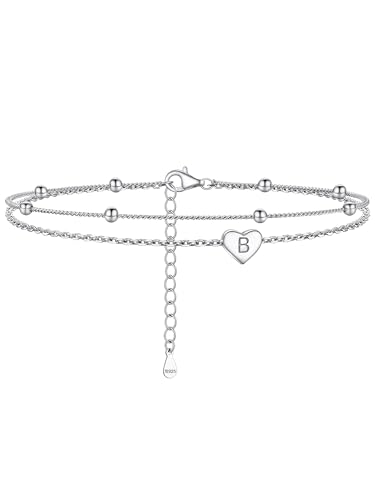 PROSILVER Buchstabe B Fußkette mit Herz Charms für Damen Mädchen 925 Silber 22+5cm doppellagige Initiale Knöchel Armband Sommer Strand Fußkettchen Accessoire für Geburtstag von PROSILVER