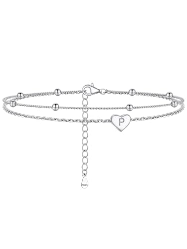 PROSILVER Damen Buchstabe P Knöchel Armband 925 Silber 22+5cm doppellagige Fußkettchen mit Herz Charms Initiale Fußkette für Frauen Mädchen Sommerstrand Schmuck Accessoire von PROSILVER