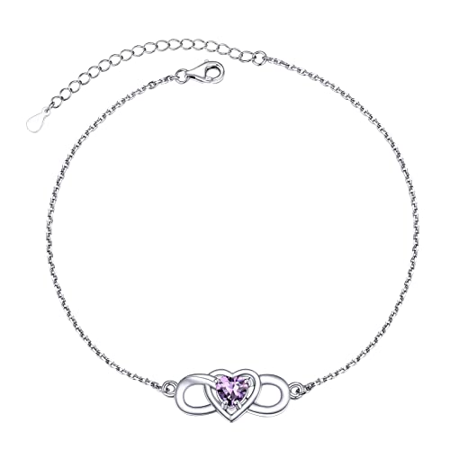 PROSILVER Damen Geburtsstein Fußkette Februar Silber 925 Unendlichkeit Fußkettchen mit Herz Zirkonia 22+5cm Knöchelarmband Fuß Schmuck Accessoire für Sommer Strand Urlaub von PROSILVER