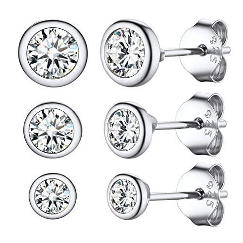 PROSILVER Damen Ohrstecker Set 925 Silber klein Solitär Zirkonia mit Zargenfassung Piercing Ohrringe 3mm/4mm/5mm Unisex Ohr Schmuck Accessoire für Männer Frauen 3 Paare von PROSILVER