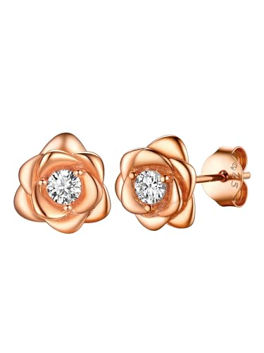 PROSILVER Damen Rosette Ohrringe 925 Silber Rose Ohrstecker mit Funkelnden Zirkonia schlichte Ohr Schmuck Accessoire für Valentinstag Weihnachten von PROSILVER