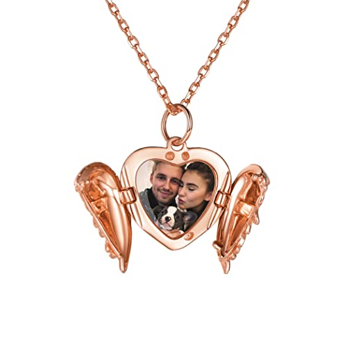 PROSILVER Damen Silber 925 Herz Flügel Anhänger Halskette personalisiert Foto Medaillon zum Öffnen Rosegold vergoldet aufklappbar Amulett Schmuck Accessoire für Freundin Ehefrau von PROSILVER