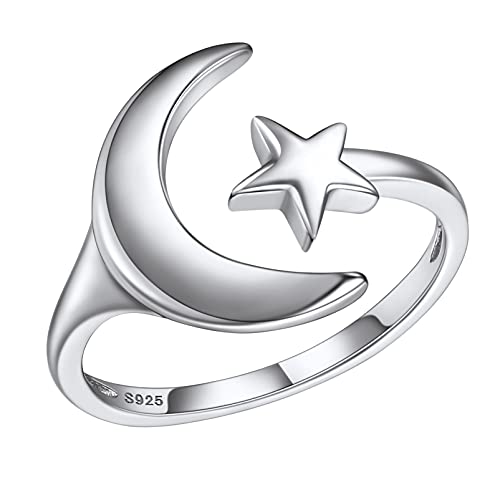 PROSILVER Damen Statement Ring 925er Sterling Silber Mond Stern Offener Ring Phantasie Verlobungsring Trauring Schmuck für Ehefrau Freundin von PROSILVER