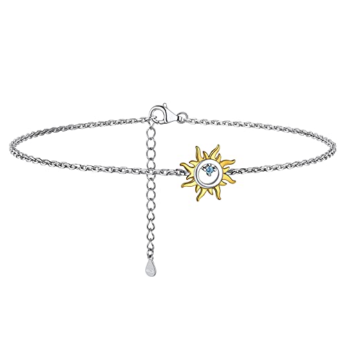 PROSILVER Fußkette für Mädchen Frauen 925er Silber Rolokette Fußarmband mit funkelnder Sonne Charms Minimalist Fußkettchen 22+5cm verstellbar Knöchel Armband Sommer Schmuck von PROSILVER