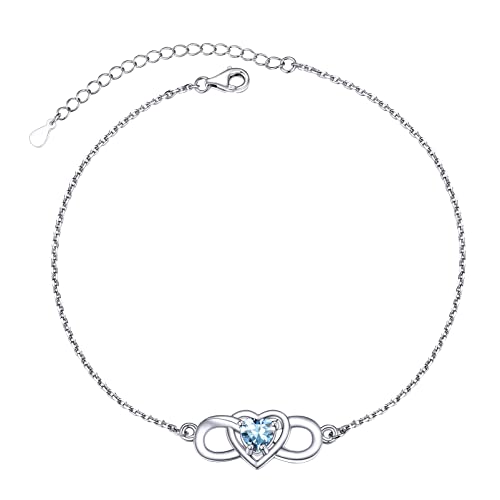 PROSILVER Geburtsstein März Fußkettchen für Damen 925 Silber 22+5cm Unendlichkeit Fußkettchen mit Herz Zirkonia Sommer Strand Urlaub Knöchelarmband Schmuck Accessoire von PROSILVER
