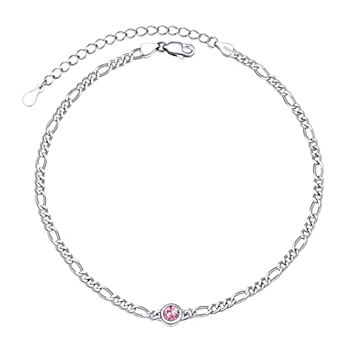 PROSILVER Geburtsstein Oktober Fußkettchen für Damen 925 Sterling Silber 22+5cm/3mm Figarokette Fußkettchen mit Zirkonia Sommer Urlaub Knöchelarmband Schmuck Accessoire von PROSILVER